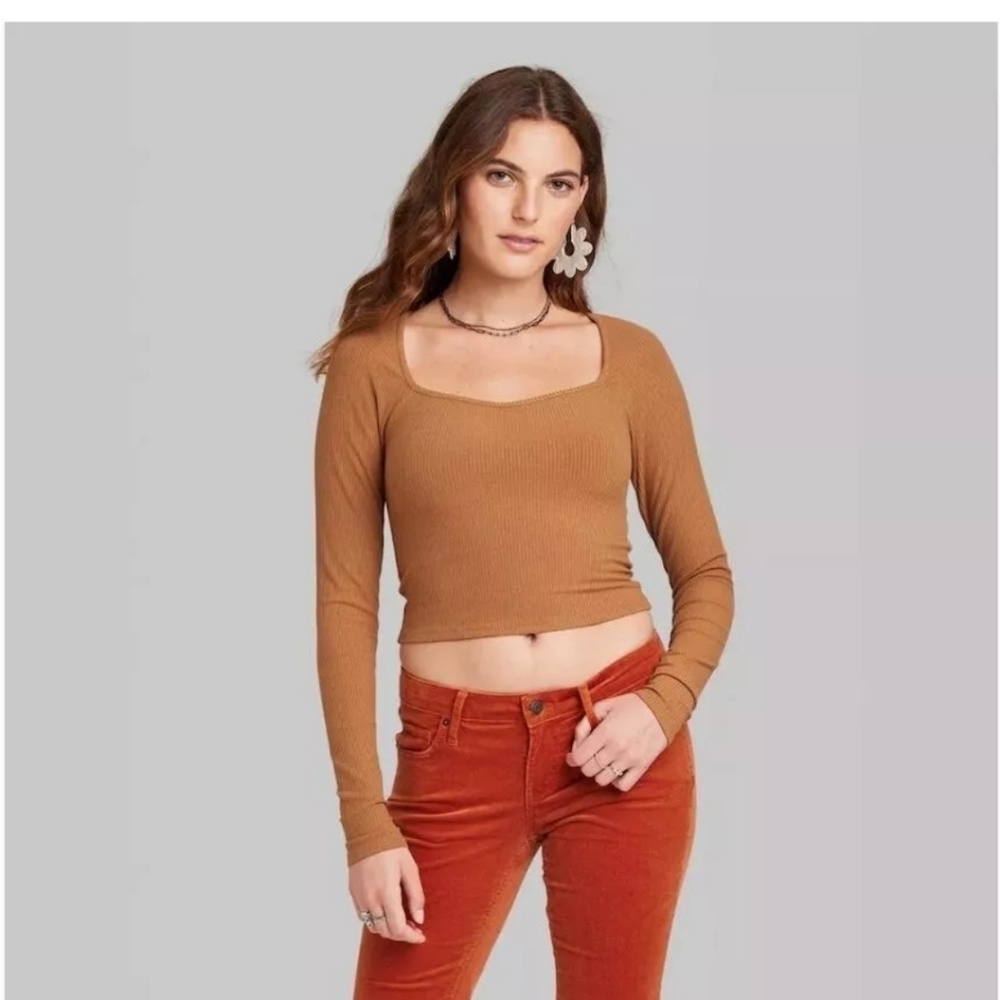 Wild Fable Long Sleeve Shirt Sweetheart Neck Seamless Ribbed Women's